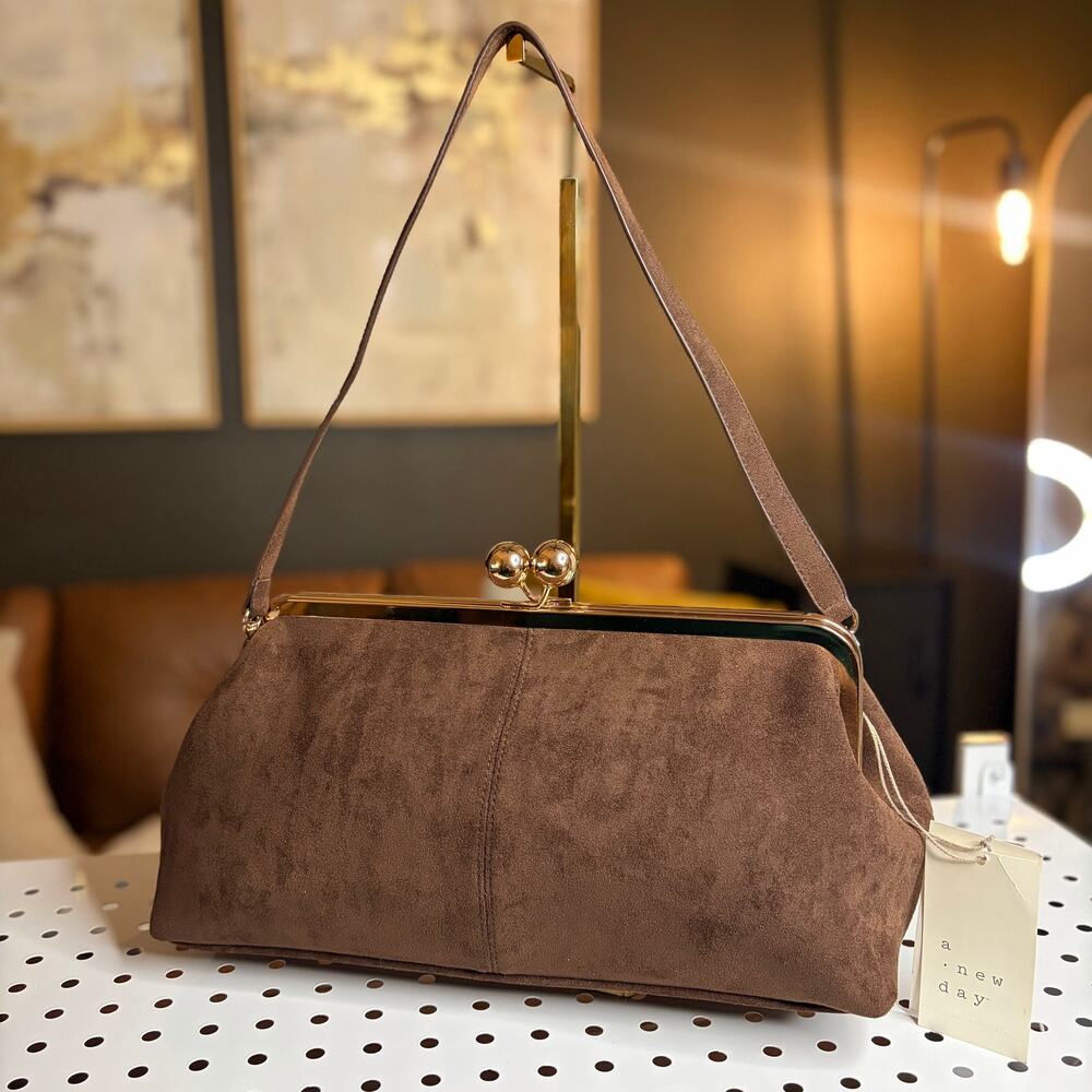 A New Day Brown Faux Suede Kiss Lock Clutch Shoulder Bag Gold NWT
